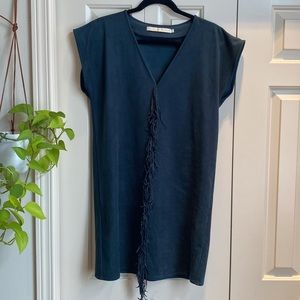 Marie Oliver teal faux suede fringe shift dress P